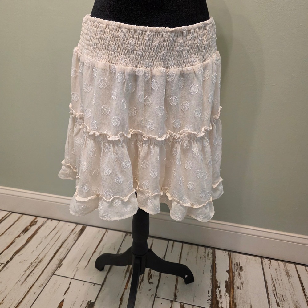 Heartloom Cream Swiss Dot Smocked Tiered Ruffle Mini Skirt Womens Medium